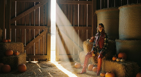 Young woman in cowboy costume sitting in hayloft with pumpkins.の素材