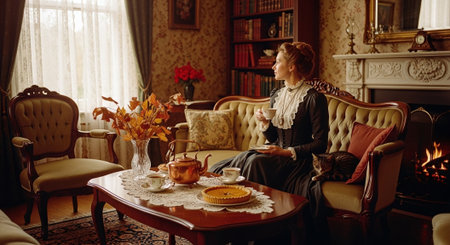 Charming young woman in classic dress sitting at the table and drinking teaの素材