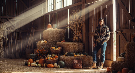Handsome young man in a plaid shirt and jeans is standing in a barn with pumpkins.の素材