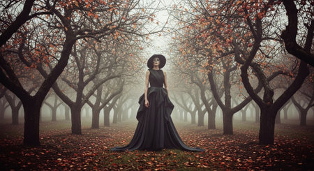 Fantasy image of a woman in a long black dress in the autumn forestの素材