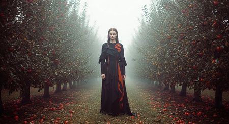 Young woman in a long black cloak in an apple orchard.の素材