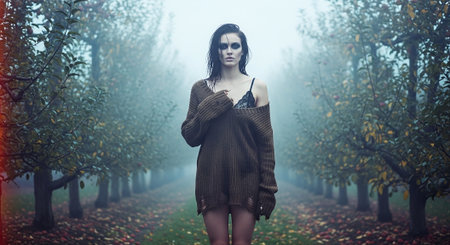 Beautiful young woman in the autumn forest. Beauty, fashion.の素材
