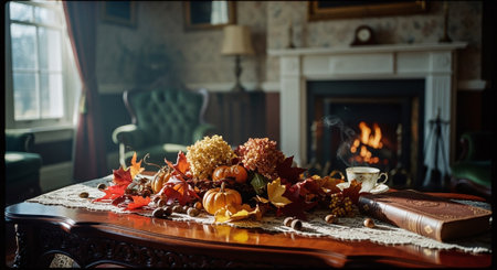 Autumn still life with a cup of tea, autumn leaves and a book on the tableの素材