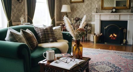 Cozy living room with green sofa, coffee cup and book.の素材