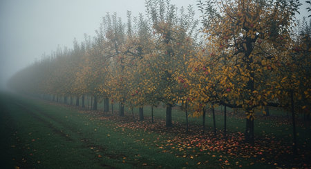 Foggy morning in an apple orchard in the countryside in autumnの素材