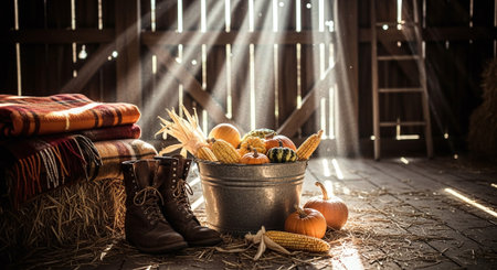 Autumn still life with pumpkin, corn and boots on wooden backgroundの素材