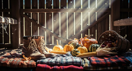 Autumn still life with pumpkins, apples and boots on plaidの素材