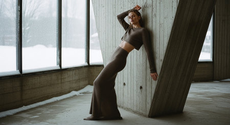 Young beautiful brunette woman in a long black dress posing near the window in the studioの素材
