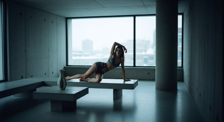 Beautiful young woman in black lingerie and stockings is posing in the interior of the room.の素材