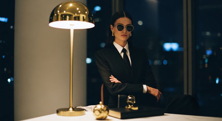 beautiful businesswoman in sunglasses sitting at table with lamp and looking awayの素材