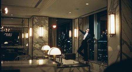 Businessman in a luxury hotel. A man in a black suit in a luxurious hotel.の素材