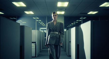 Serious businesswoman standing in server room and looking at camera. Mixed mediaの素材