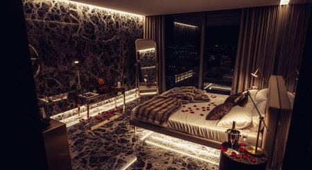 Interior of a hotel bedroom with a view of the city at nightの素材