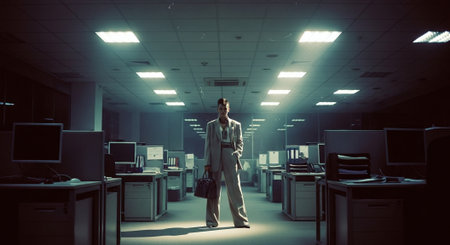Businessman in suit and tie standing in modern office. Mixed mediaの素材