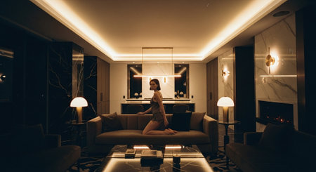 Young beautiful woman sitting on a sofa in a luxury hotel room.の素材