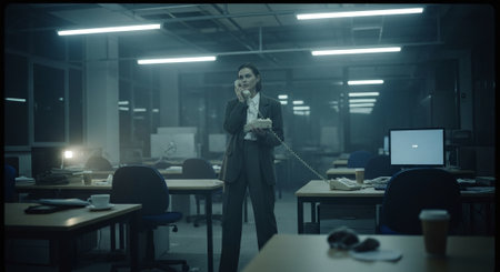 Young businessman talking on the phone while sitting at his desk in the officeの素材