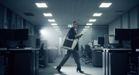 Businessman with briefcase walking in the office and using mobile phoneの素材
