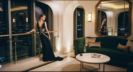 Beautiful woman in evening dress in luxury hotel room. Luxury lifestyle.の素材