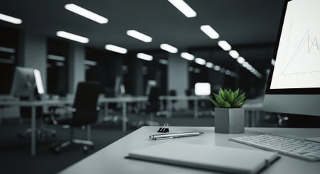 Side view of a modern office interior with a computer and a plant. 3d rendering mock upの素材