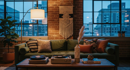 Interior of living room in loft style with sofa, coffee table, coffee table and booksの素材