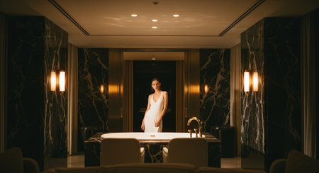 Beautiful young woman in white dress in luxury hotel room. Luxury lifestyleの素材