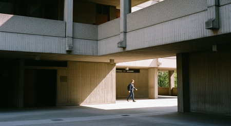 Businessman walking in corridor of modern office building. Rear view.の素材