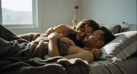 Beautiful young couple in love lying on the bed at home.の素材