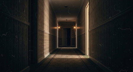 Dark corridor with light coming through the window, 3d render illustrationの素材