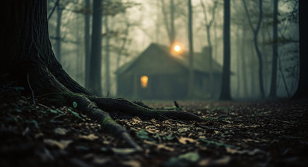 Mysterious forest with old house in fog. Halloween concept.の素材