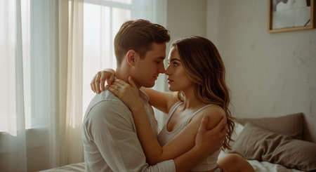 beautiful young couple hugging and looking at each other while sitting on bed at homeの素材