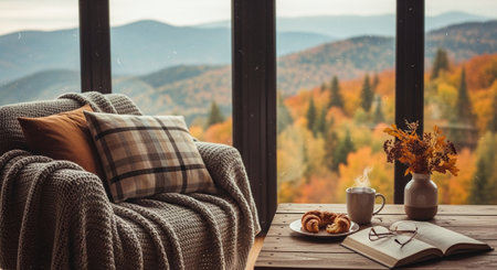 Cozy autumn morning in the mountains with a cup of coffee, a book, a pillow and a knitted plaid.の素材