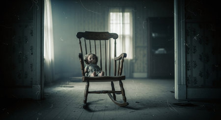 Little boy sitting on a rocking chair in a dark room. Mixed mediaの素材