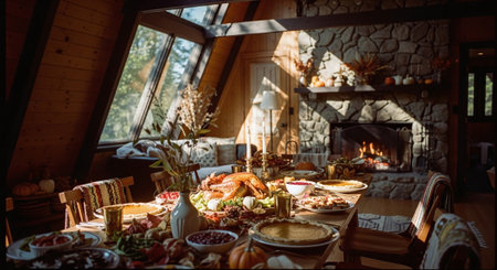 Traditional Christmas dinner with turkey, meat and vegetables in rustic styleの素材