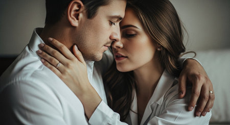 Closeup portrait of beautiful young couple in love embracing each other at homeの素材