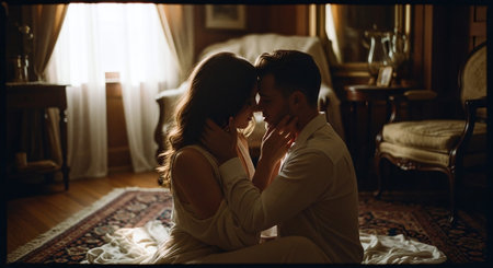 Young couple in love sitting on the floor in the room at homeの素材