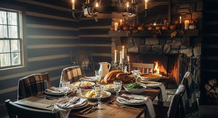 Thanksgiving dinner in rustic style. Thanksgiving table setting with turkey and turkey.の素材
