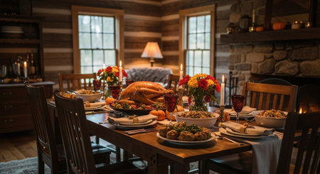 Traditional Christmas and Thanksgiving dinner table with turkey, cornucopia, roasted turkey and other traditional festive meals in rustic style.の素材
