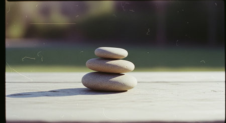 Stack of zen stones on a wooden table in the garden.の素材