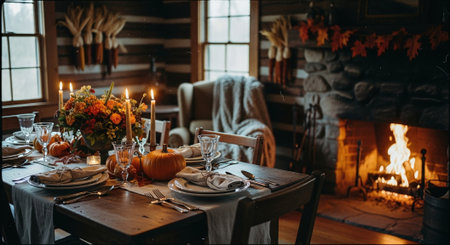 Table setting for Thanksgiving dinner in rustic style with candles and pumpkinsの素材