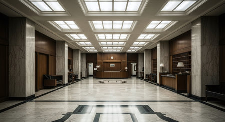 3d rendering of an office lobby with a reception desk and computersの素材