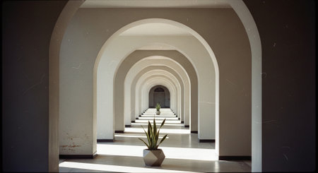 Architectural detail of a corridor with arches and plants.の素材