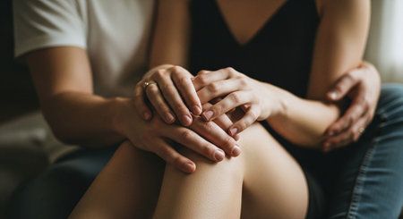 Close up of young couple holding hands while sitting on sofa at homeの素材