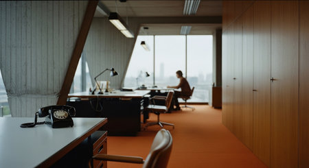 Modern office interior with a panoramic view of the city.の素材