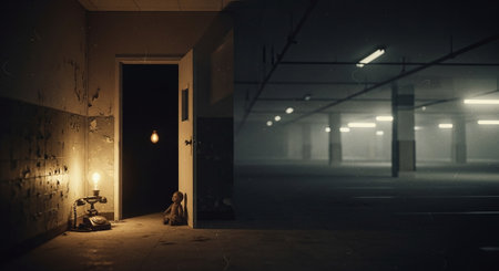Creepy silhouette of a homeless woman in an abandoned building at nightの素材