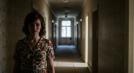 Portrait of a young woman standing in a dark corridor. She is looking at the camera.の素材