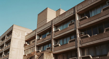 Vintage photo of a modern building with windows and balconies.の素材
