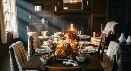 Festive table setting for Thanksgiving dinner in rustic style with turkey and other foodの素材