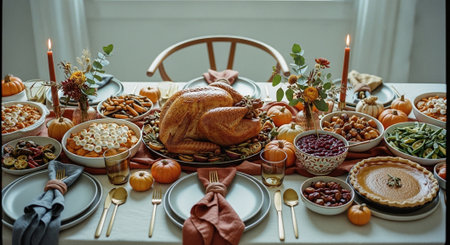 Thanksgiving dinner table with roasted turkey, pumpkin, nuts, candied fruits and berriesの素材