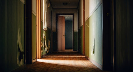 Corridor in a dark room with green walls and wooden floor.の素材