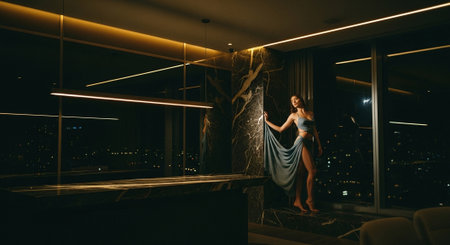 Beautiful woman in a blue dress standing on the edge of a balcony at nightの素材